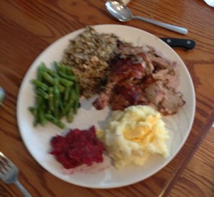 Gluten free Thanksgiving with Green Beans, Wildrice Stuffing, Duck, Mashed Potatoes with Gravy and cranberry Sauce